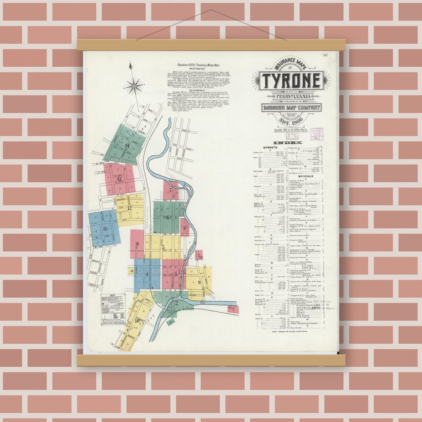 Old map wall art mockup — magnetic wood frame on brick wall — Sanborn Fire Insurance Map from Tyrone, Blair County, Pennsylvania (1906), Sheet #0001