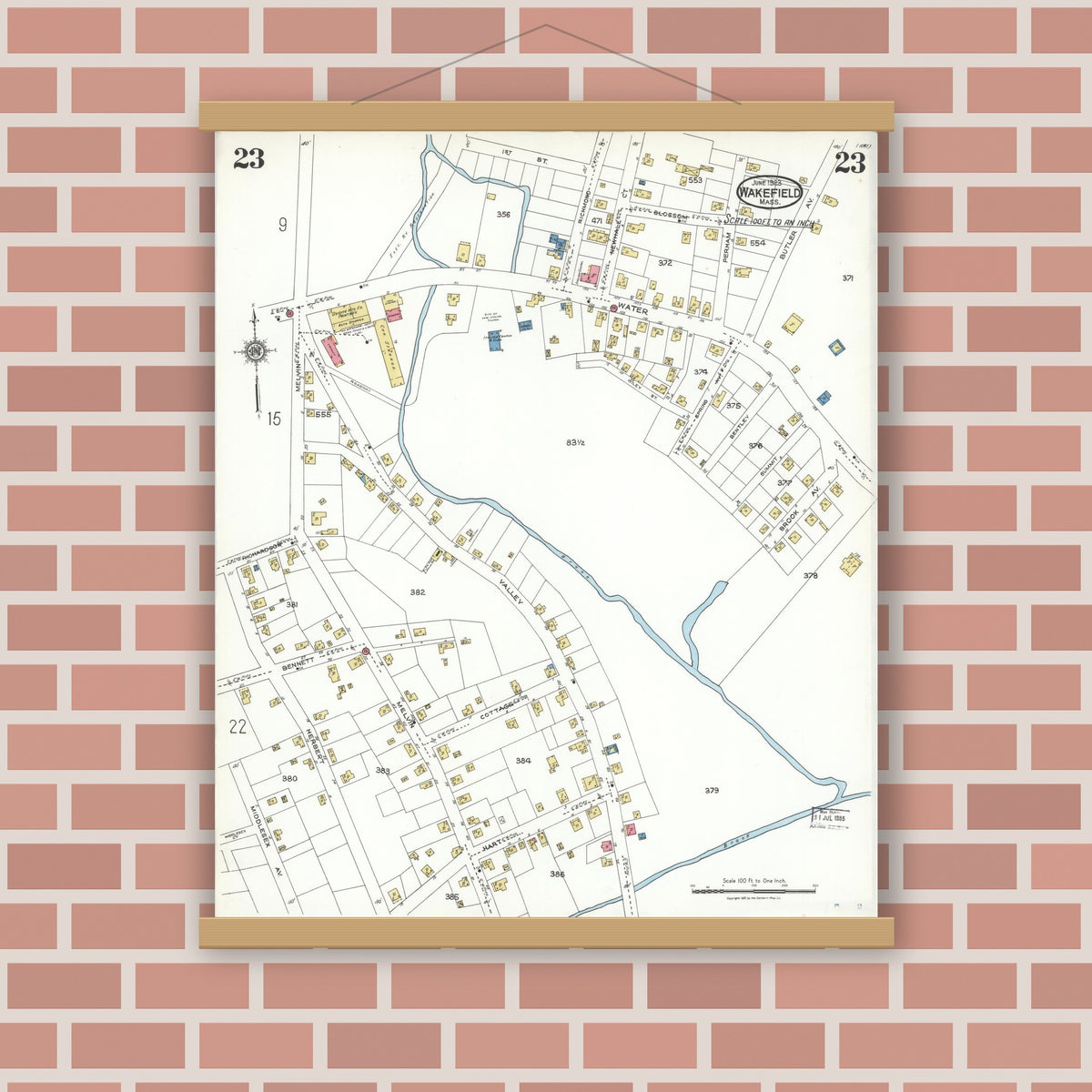 Old map wall art mockup — magnetic wood frame on brick wall — Sanborn Fire Insurance Map from Wakefield, Middlesex County, Massachusetts (1923), Sheet #0023