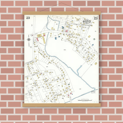 Old map wall art mockup — magnetic wood frame on brick wall — Sanborn Fire Insurance Map from Wakefield, Middlesex County, Massachusetts (1923), Sheet #0023