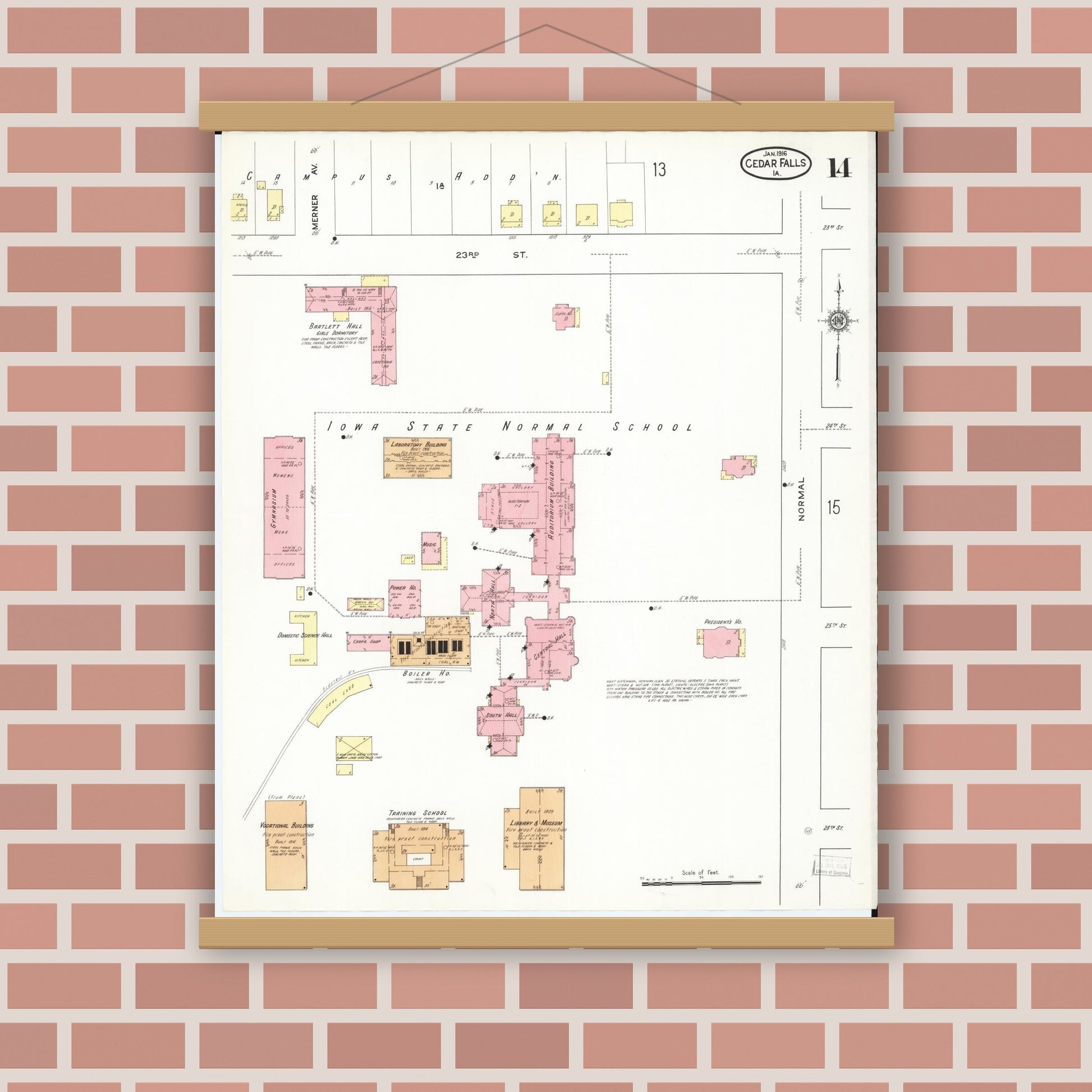 Old map wall art mockup — magnetic wood frame on brick wall — Sanborn Fire Insurance Map from Cedar Falls, Black Hawk County, Iowa (1916), Sheet #0014