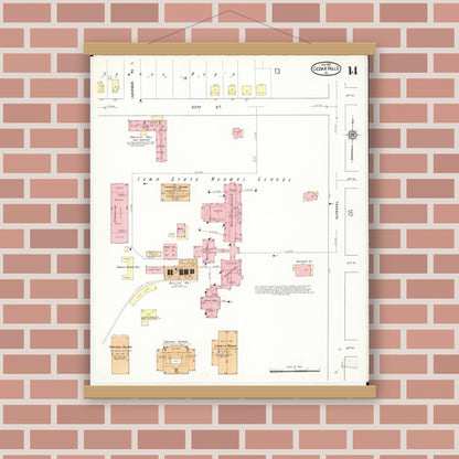 Old map wall art mockup — magnetic wood frame on brick wall — Sanborn Fire Insurance Map from Cedar Falls, Black Hawk County, Iowa (1916), Sheet #0014