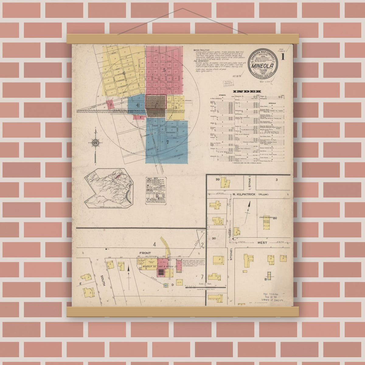 Old map wall art mockup — magnetic wood frame on brick wall — Sanborn Fire Insurance Map from Mineola, Wood County, Texas (1922) - Complete Map Set