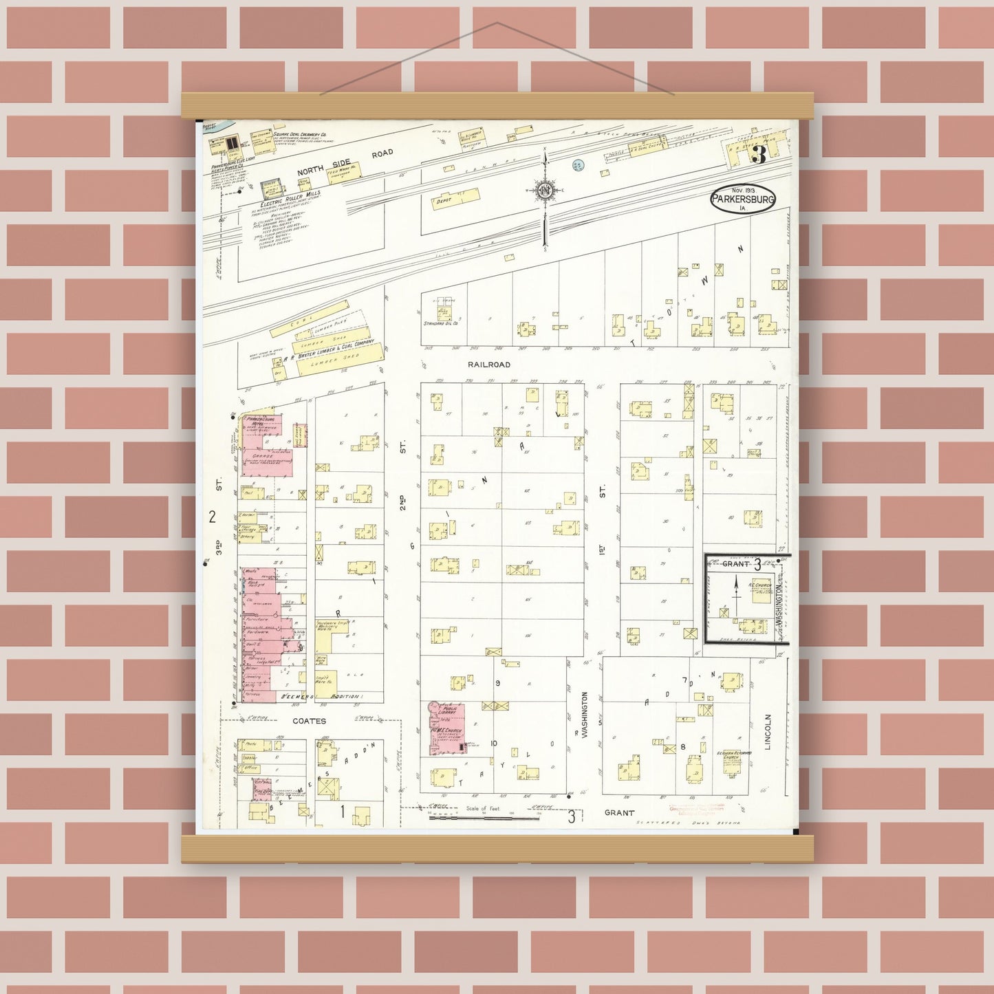 Old map wall art mockup — magnetic wood frame on brick wall — Sanborn Fire Insurance Map from Parkersburg, Butler County, Iowa (1913), Sheet #0003