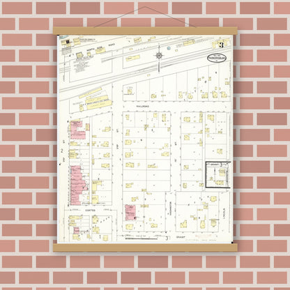 Old map wall art mockup — magnetic wood frame on brick wall — Sanborn Fire Insurance Map from Parkersburg, Butler County, Iowa (1913), Sheet #0003