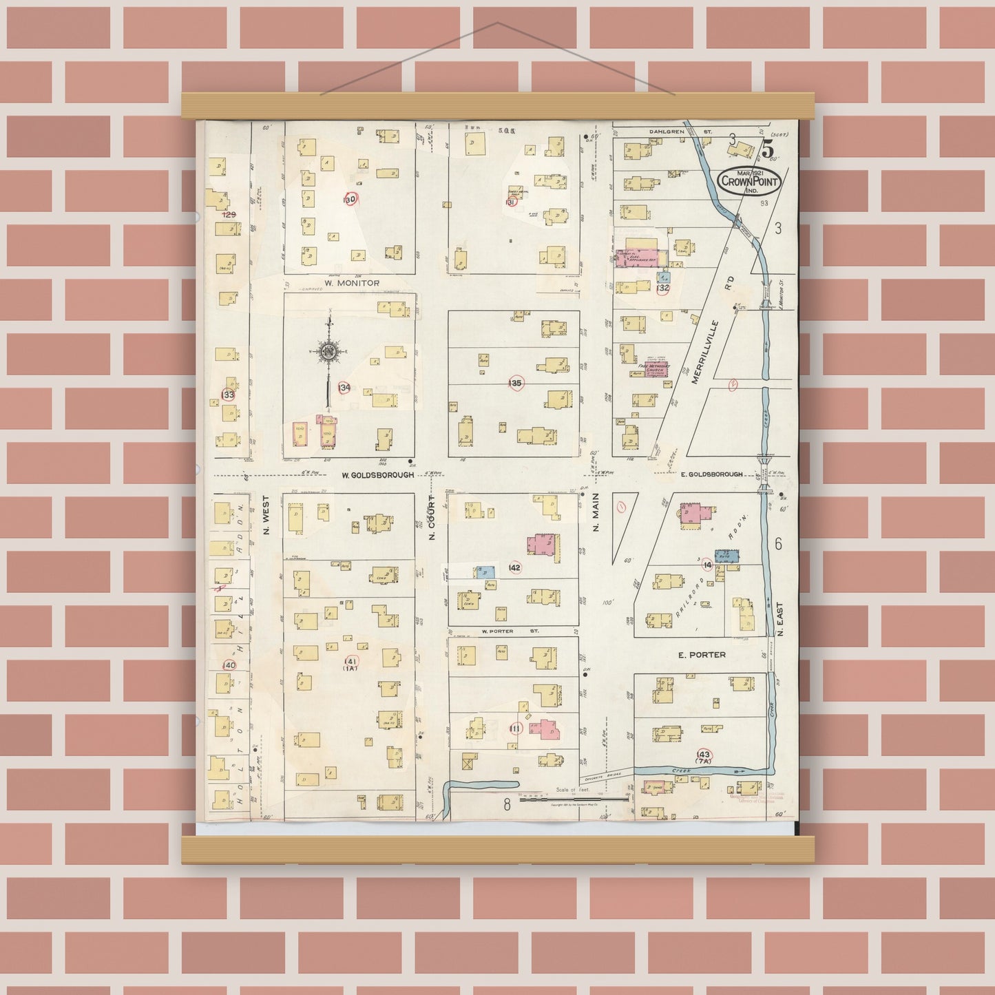 Old map wall art mockup — magnetic wood frame on brick wall — Sanborn Fire Insurance Map from Crown Point, Lake County, Indiana (1948), Sheet #0005