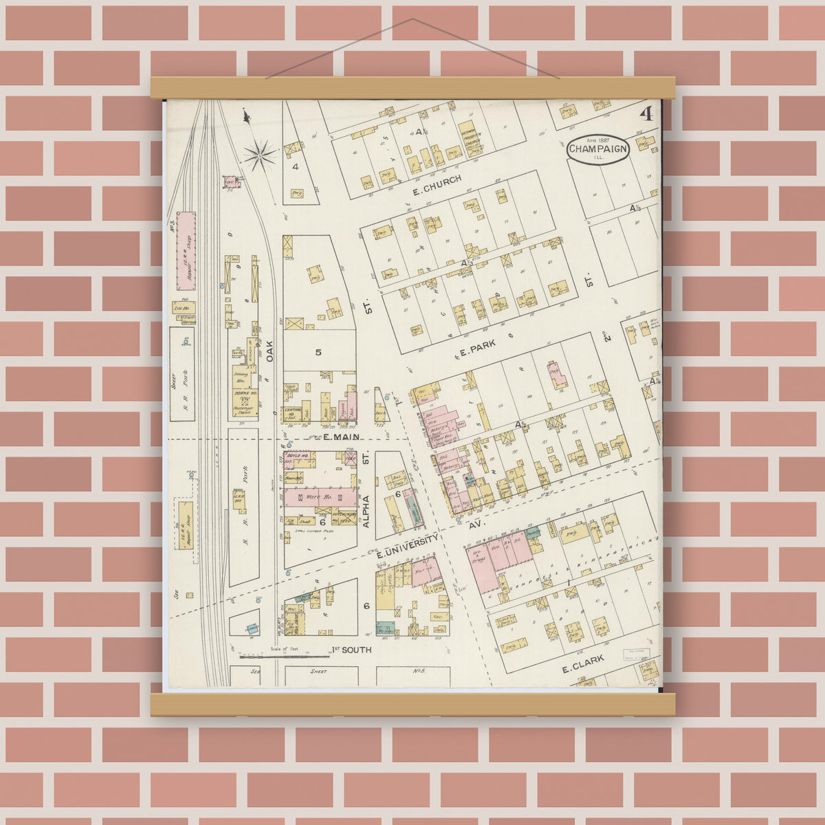 Old map wall art mockup — magnetic wood frame on brick wall — Sanborn Fire Insurance Map from Champaign, Champaign County, Illinois (1887), Sheet #0004