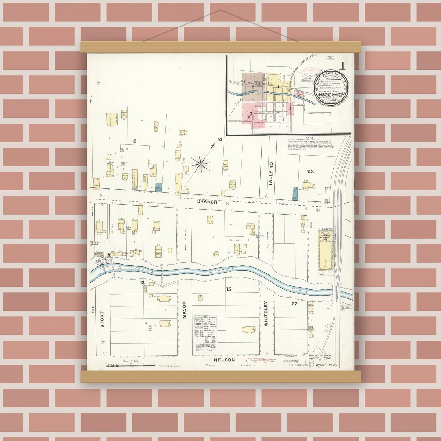 Old map wall art mockup — magnetic wood frame on brick wall — Sanborn Fire Insurance Map from Arroyo Grande, San Luis Obispo County, California (1891), Sheet #0001