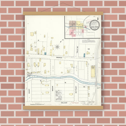 Old map wall art mockup — magnetic wood frame on brick wall — Sanborn Fire Insurance Map from Arroyo Grande, San Luis Obispo County, California (1891), Sheet #0001