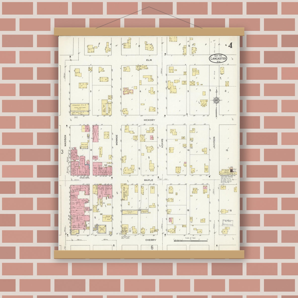 Old map wall art mockup — magnetic wood frame on brick wall — Sanborn Fire Insurance Map from Lancaster, Grant County, Wisconsin (1912), Sheet #0004