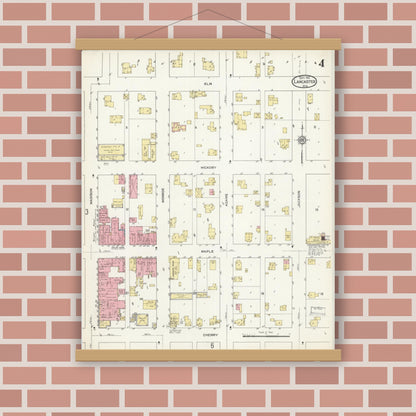 Old map wall art mockup — magnetic wood frame on brick wall — Sanborn Fire Insurance Map from Lancaster, Grant County, Wisconsin (1912), Sheet #0004
