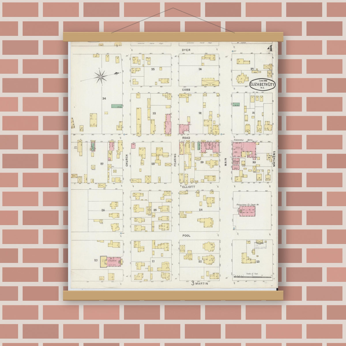 Old map wall art mockup — magnetic wood frame on brick wall — Sanborn Fire Insurance Map from Elizabeth City, Pasquotank County, North Carolina (1896), Sheet #0004