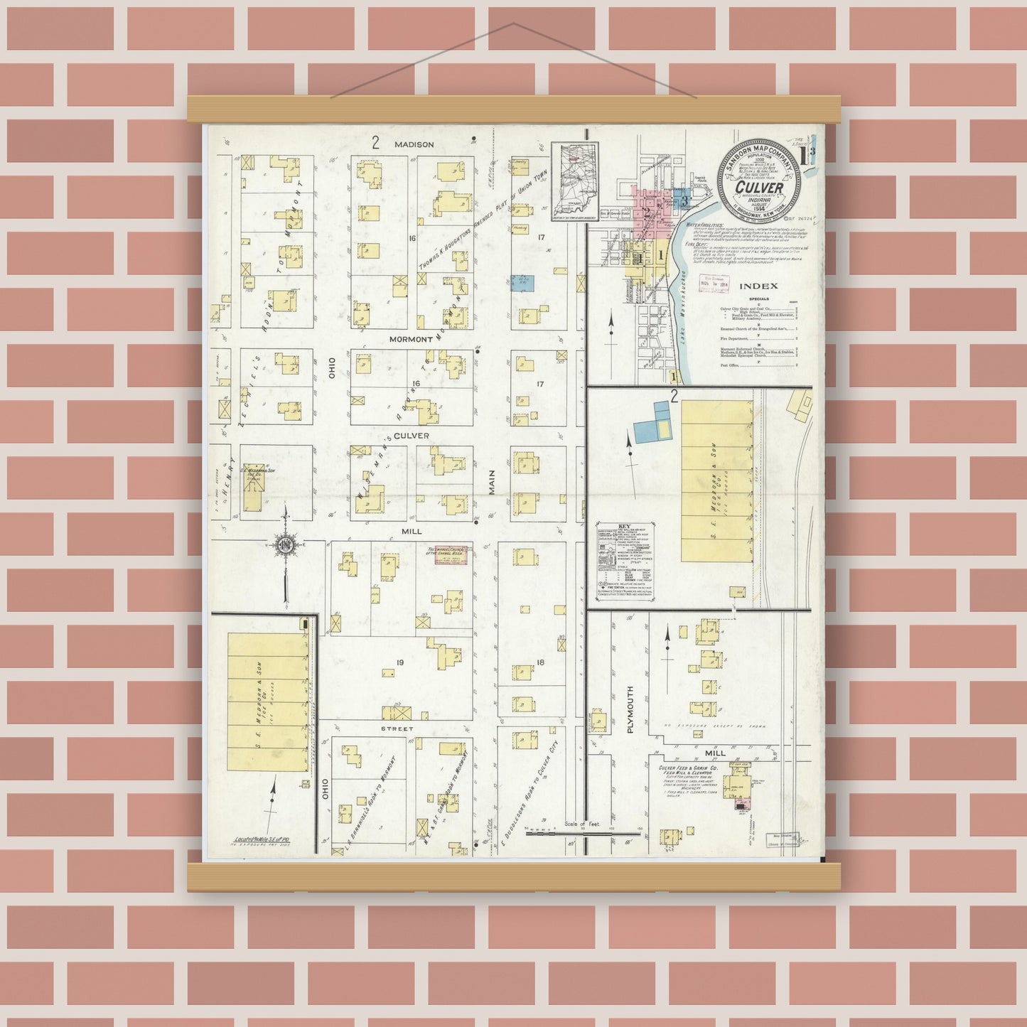 Old map wall art mockup — magnetic wood frame on brick wall — Sanborn Fire Insurance Map from Culver, Marshall County, Indiana (1914) - Complete Map Set