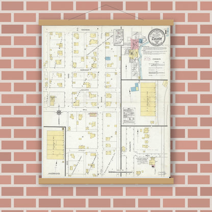 Old map wall art mockup — magnetic wood frame on brick wall — Sanborn Fire Insurance Map from Culver, Marshall County, Indiana (1914) - Complete Map Set