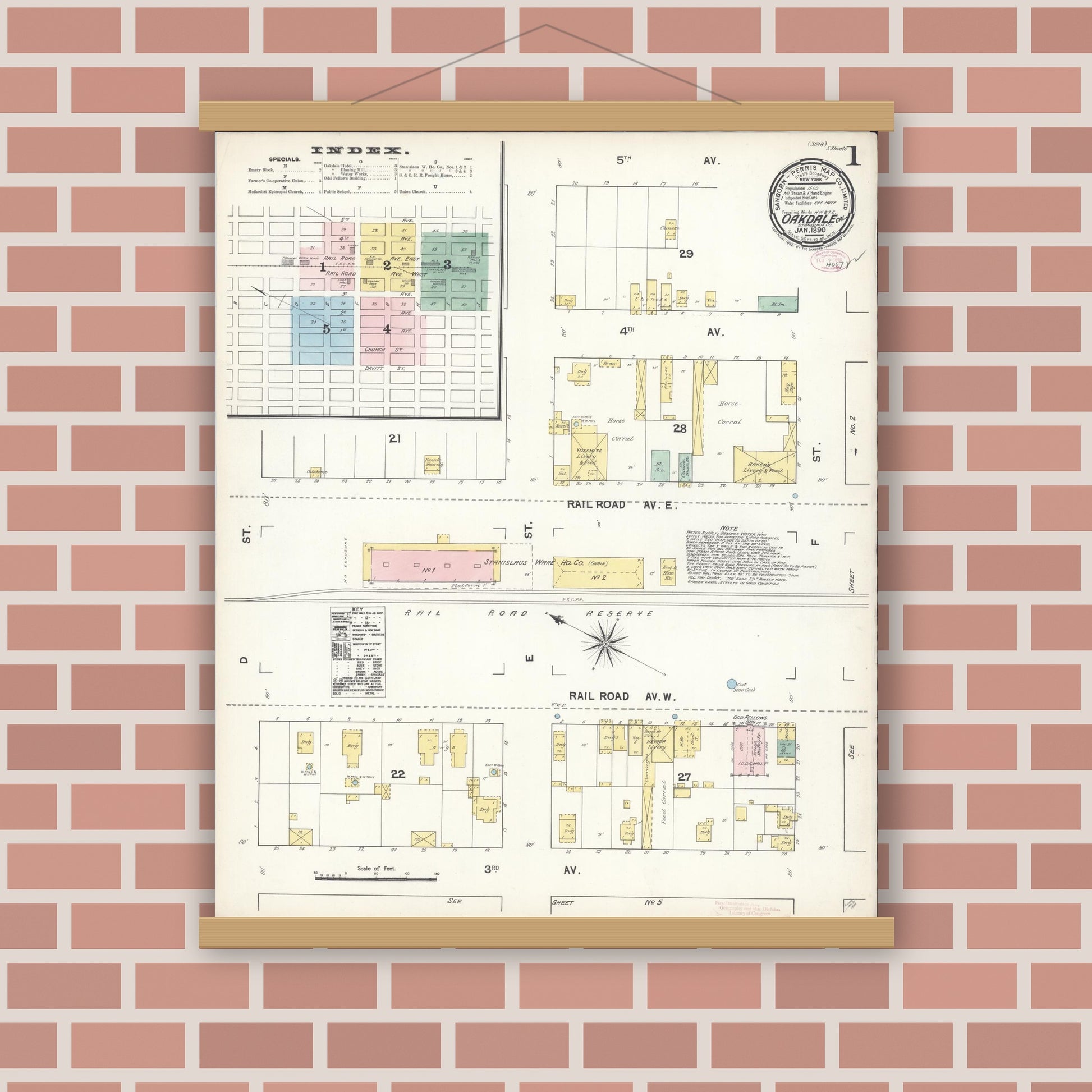 Old map wall art mockup — magnetic wood frame on brick wall — Sanborn Fire Insurance Map from Oakdale, Stanislaus County, California (1890), Sheet #0001