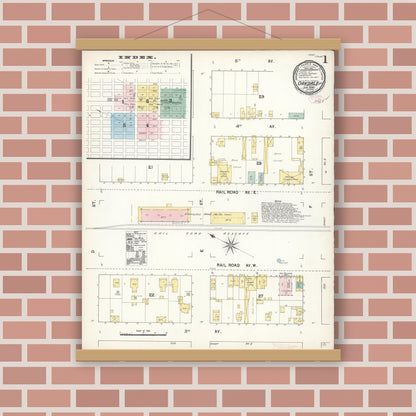 Old map wall art mockup — magnetic wood frame on brick wall — Sanborn Fire Insurance Map from Oakdale, Stanislaus County, California (1890), Sheet #0001