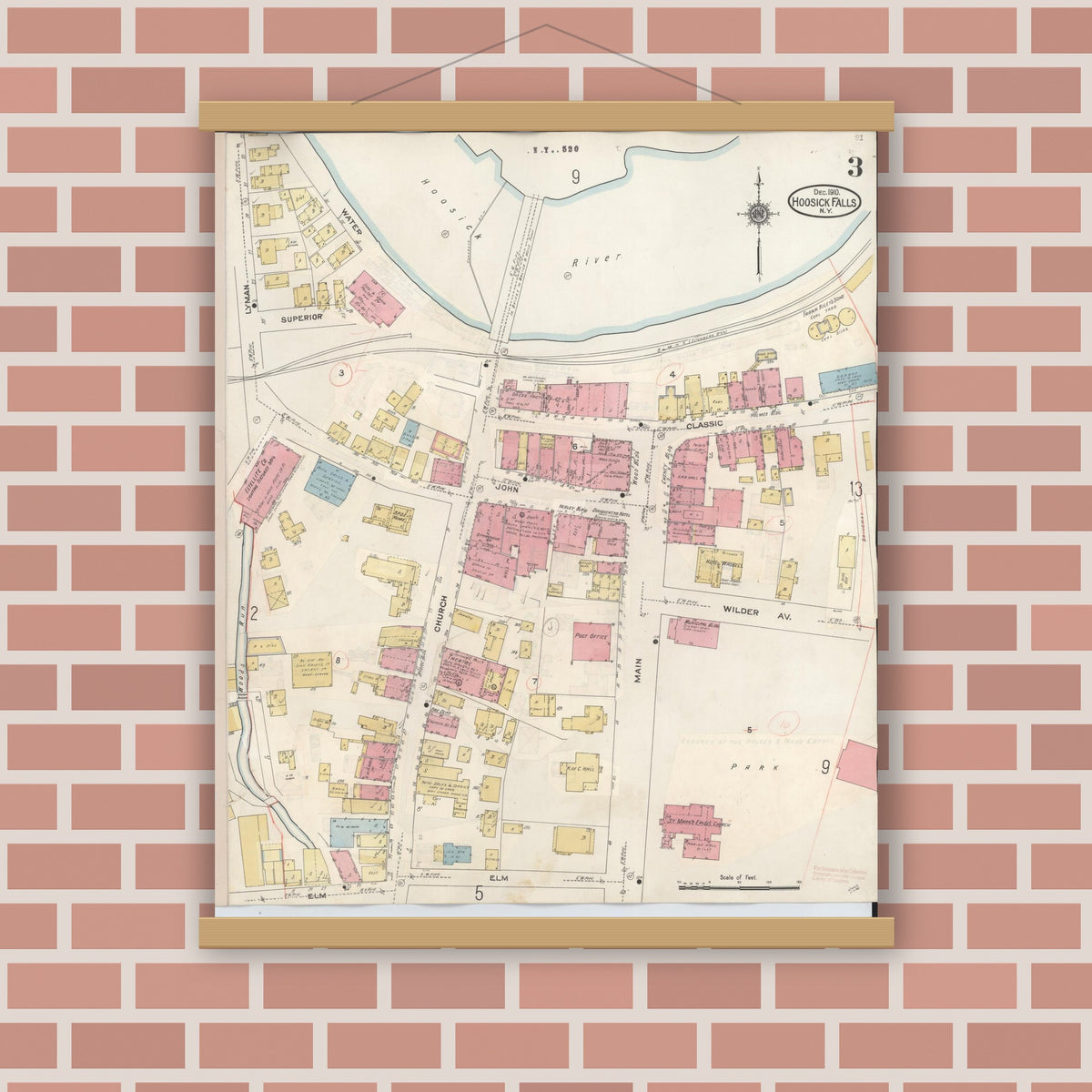 Old map wall art mockup — magnetic wood frame on brick wall — Sanborn Fire Insurance Map from Hoosick Falls, Rensselaer County, New York (1945), Sheet #0003