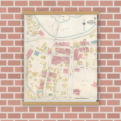 Old map wall art mockup — magnetic wood frame on brick wall — Sanborn Fire Insurance Map from Hoosick Falls, Rensselaer County, New York (1945), Sheet #0003
