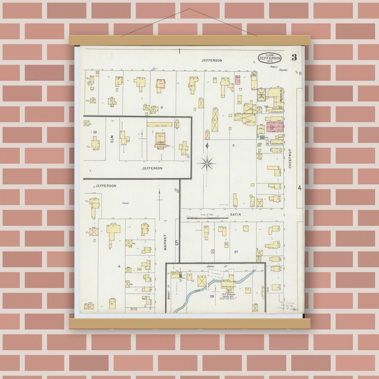 Old map wall art mockup — magnetic wood frame on brick wall — Sanborn Fire Insurance Map from Jefferson, Ashtabula County, Ohio (1896), Sheet #0003