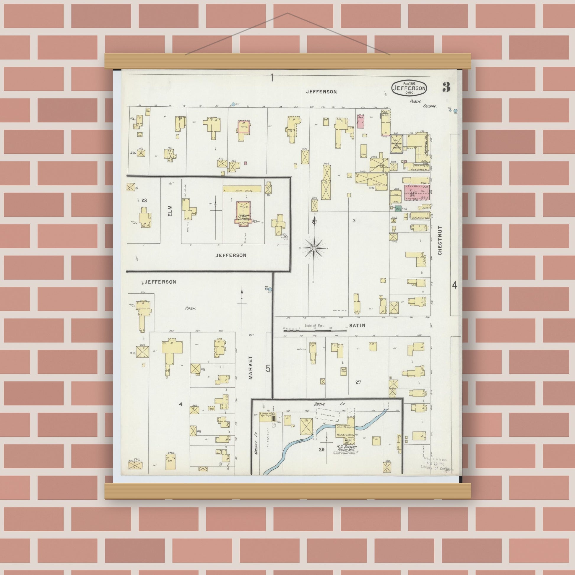 Old map wall art mockup — magnetic wood frame on brick wall — Sanborn Fire Insurance Map from Jefferson, Ashtabula County, Ohio (1896), Sheet #0003