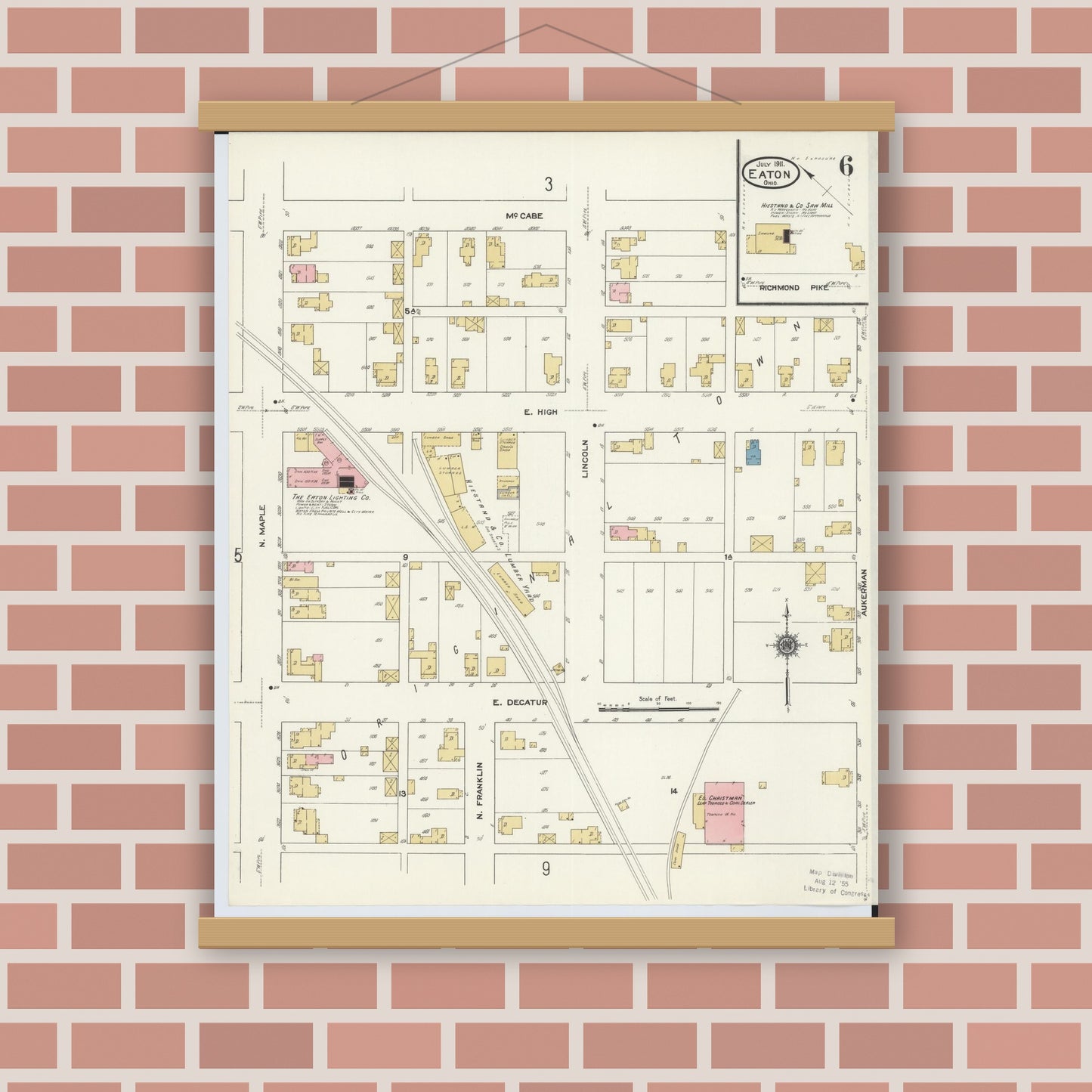 Old map wall art mockup — magnetic wood frame on brick wall — Sanborn Fire Insurance Map from Eaton, Preble County, Ohio (1911), Sheet #0006