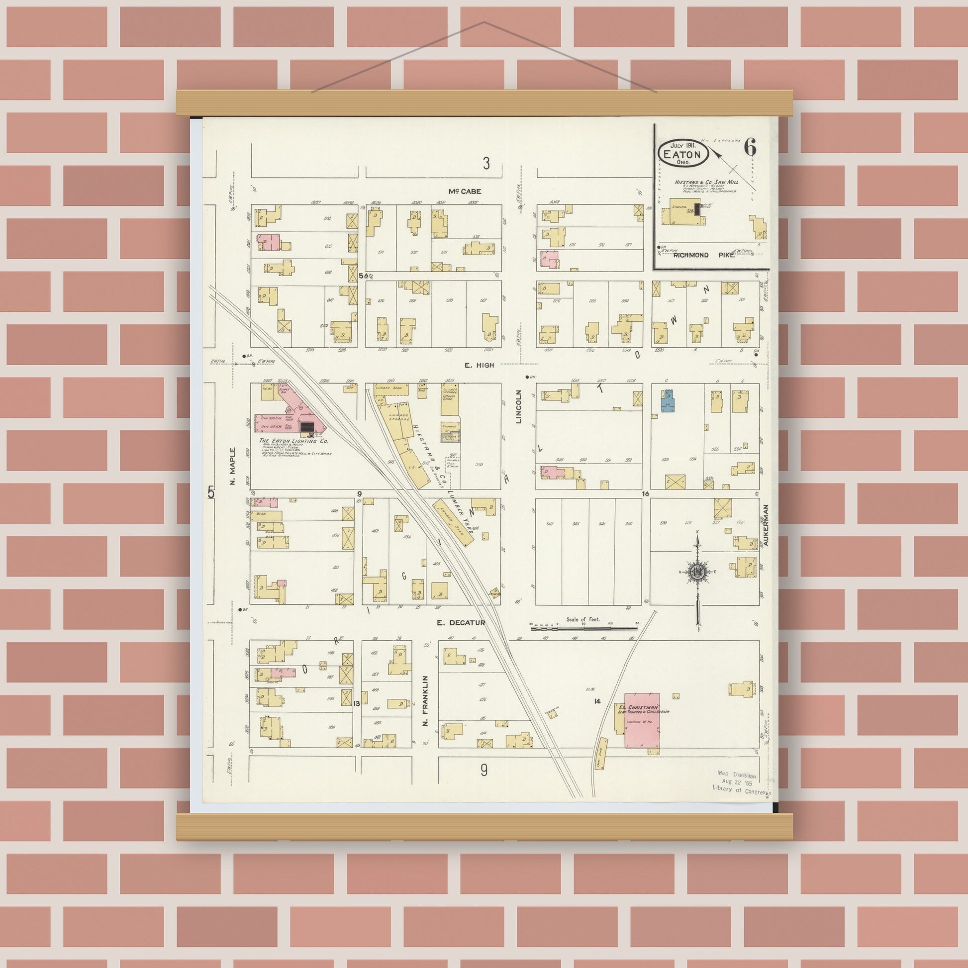 Old map wall art mockup — magnetic wood frame on brick wall — Sanborn Fire Insurance Map from Eaton, Preble County, Ohio (1911), Sheet #0006
