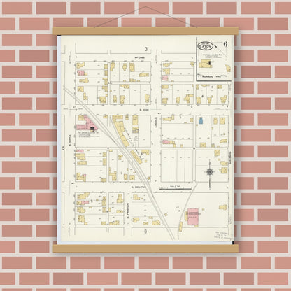 Old map wall art mockup — magnetic wood frame on brick wall — Sanborn Fire Insurance Map from Eaton, Preble County, Ohio (1911), Sheet #0006
