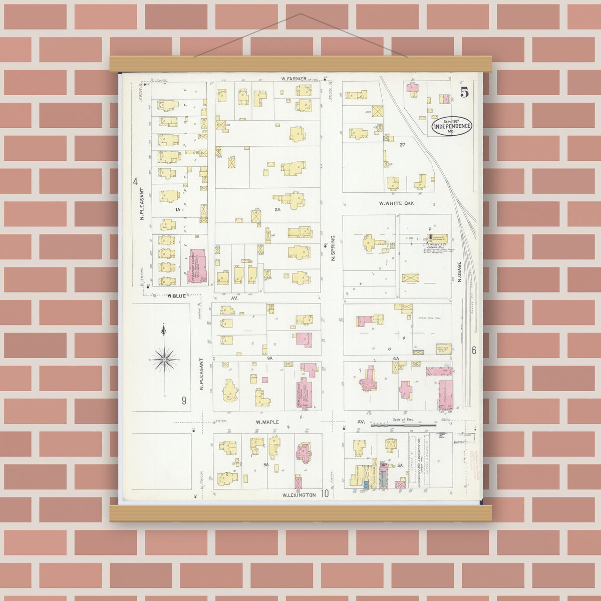 Old map wall art mockup — magnetic wood frame on brick wall — Sanborn Fire Insurance Map from Independence, Jackson County, Missouri (1907), Sheet #0005