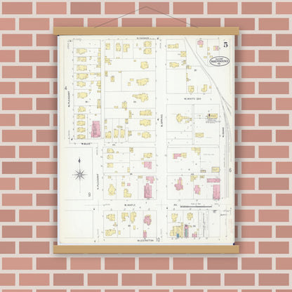 Old map wall art mockup — magnetic wood frame on brick wall — Sanborn Fire Insurance Map from Independence, Jackson County, Missouri (1907), Sheet #0005