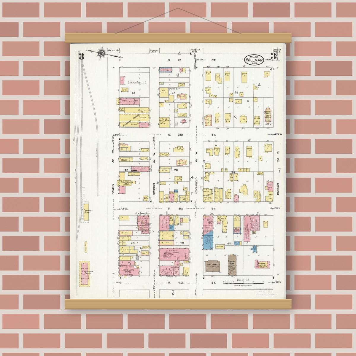 Old map wall art mockup — magnetic wood frame on brick wall — Sanborn Fire Insurance Map from Willmar, Kandiyohi County, Minnesota (1925), Sheet #0003
