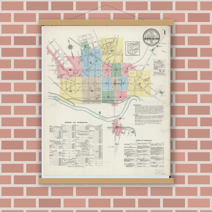 Old map wall art mockup — magnetic wood frame on brick wall — Sanborn Fire Insurance Map from New Philadelphia, Tuscarawas County, Ohio (1914), Sheet #0001