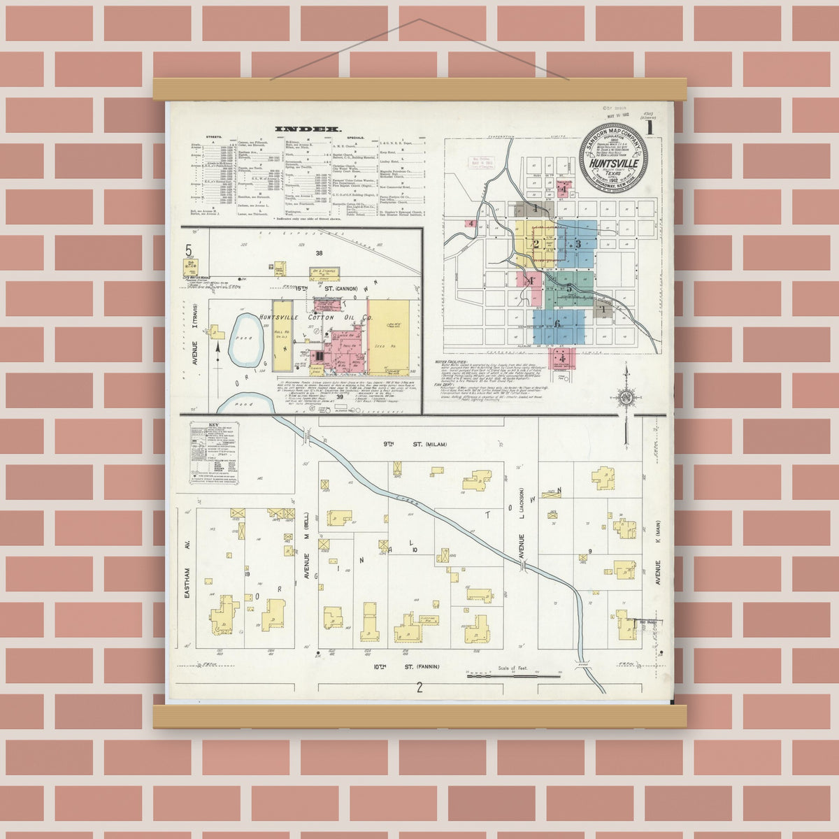 Old map wall art mockup — magnetic wood frame on brick wall — Sanborn Fire Insurance Map from Huntsville, Walker County, Texas (1912) - Complete Map Set