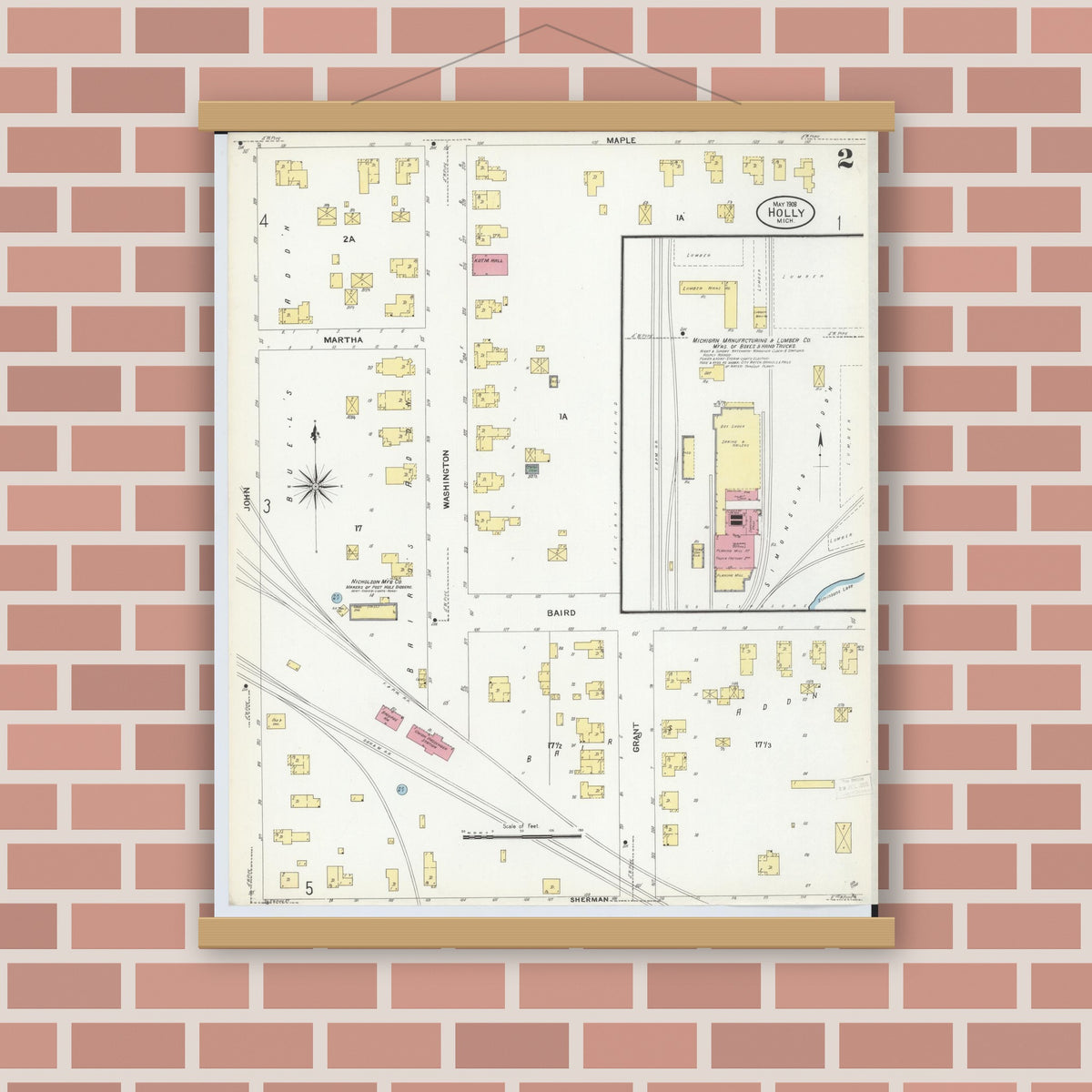 Old map wall art mockup — magnetic wood frame on brick wall — Sanborn Fire Insurance Map from Holly, Oakland County, Michigan (1908), Sheet #0002