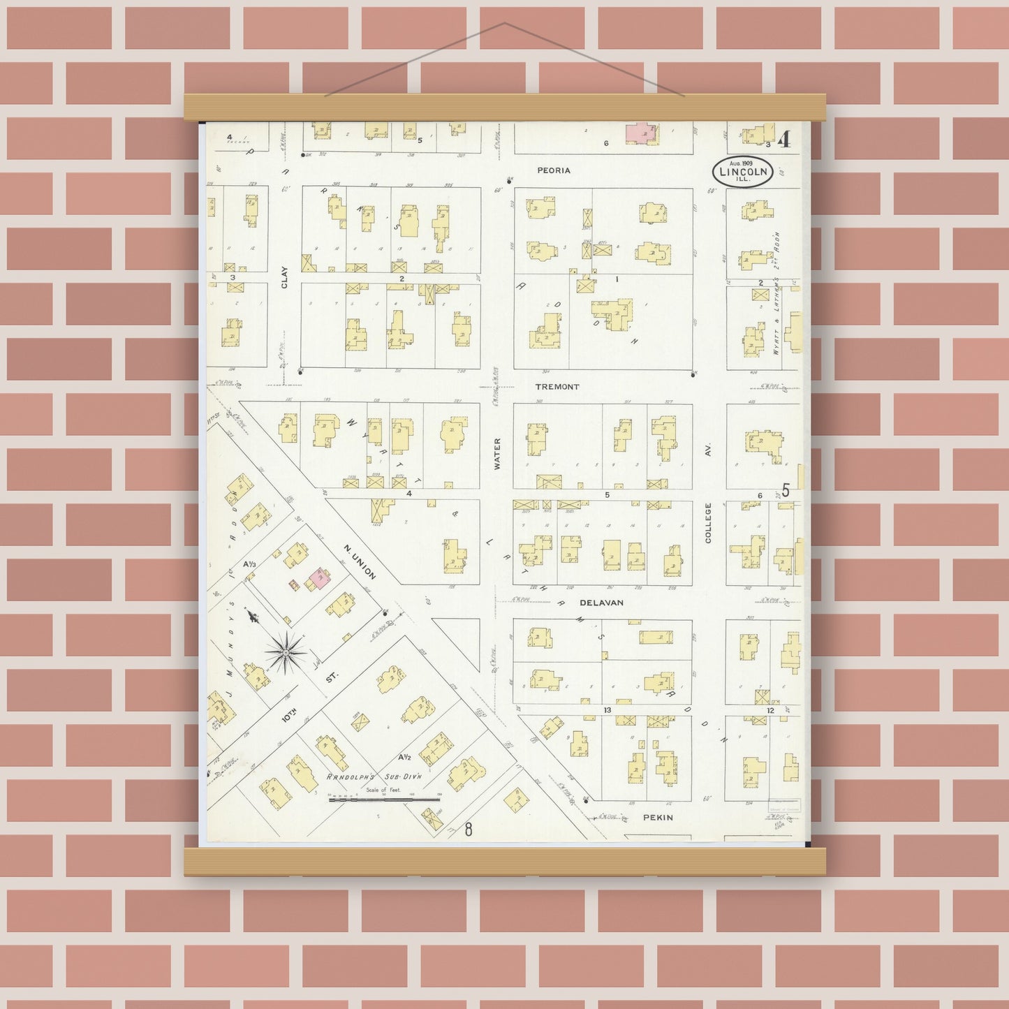 Old map wall art mockup — magnetic wood frame on brick wall — Sanborn Fire Insurance Map from Lincoln, Logan County, Illinois (1909), Sheet #0004