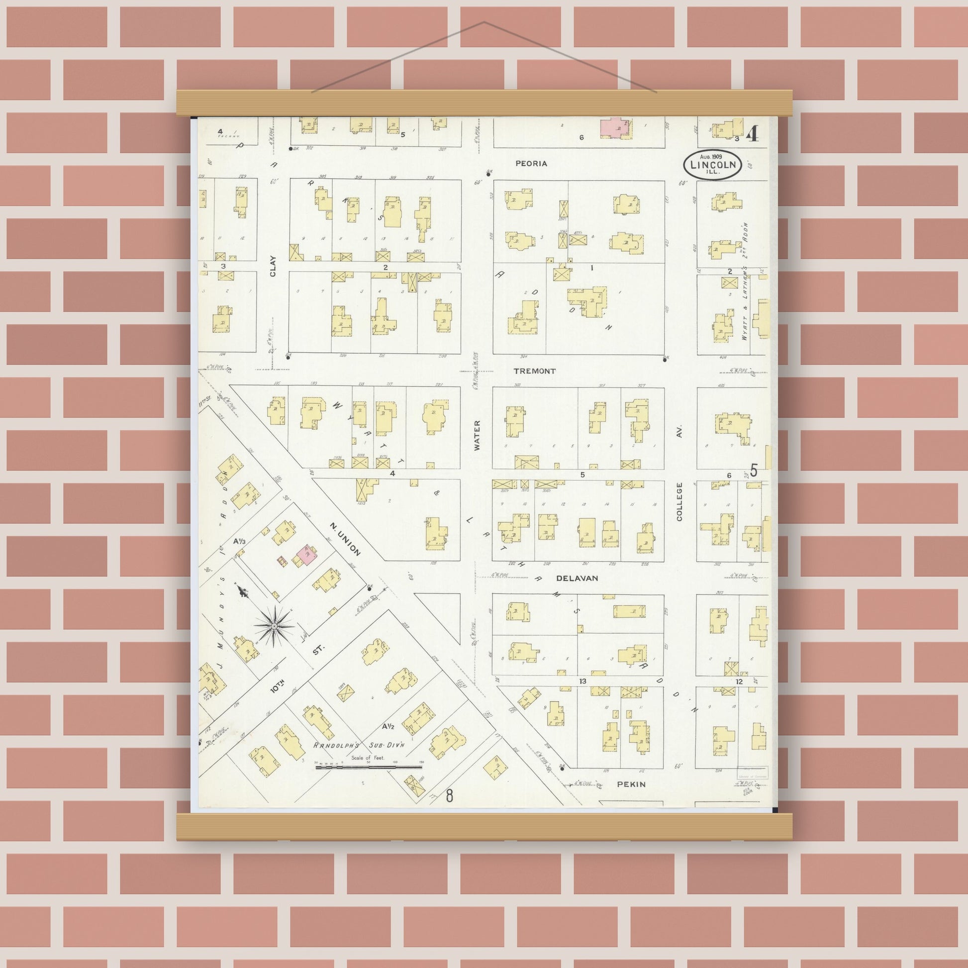 Old map wall art mockup — magnetic wood frame on brick wall — Sanborn Fire Insurance Map from Lincoln, Logan County, Illinois (1909), Sheet #0004