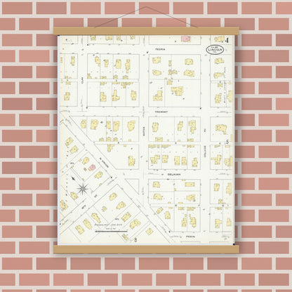 Old map wall art mockup — magnetic wood frame on brick wall — Sanborn Fire Insurance Map from Lincoln, Logan County, Illinois (1909), Sheet #0004