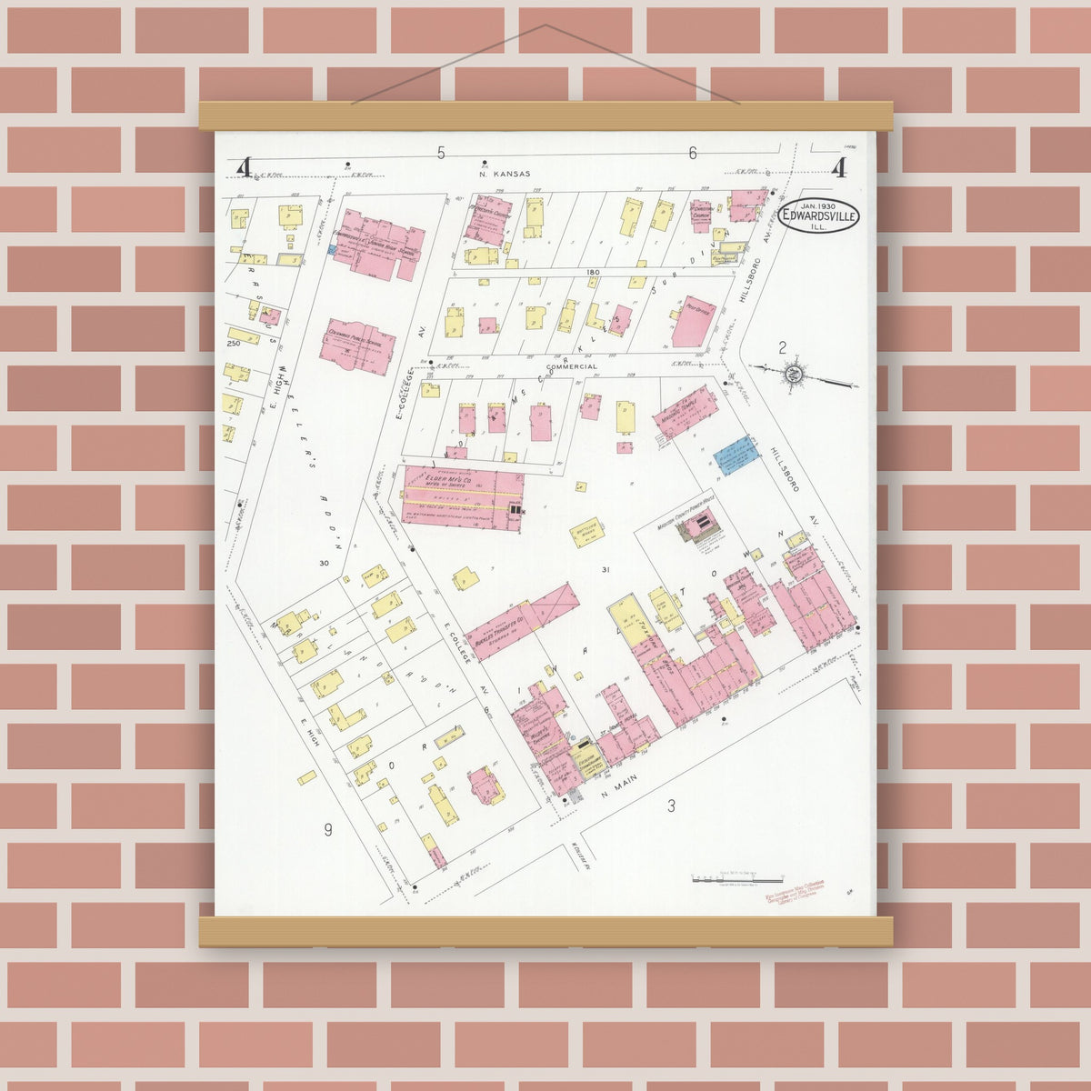 Old map wall art mockup — magnetic wood frame on brick wall — Sanborn Fire Insurance Map from Edwardsville, Madison County, Illinois (1930), Sheet #0004