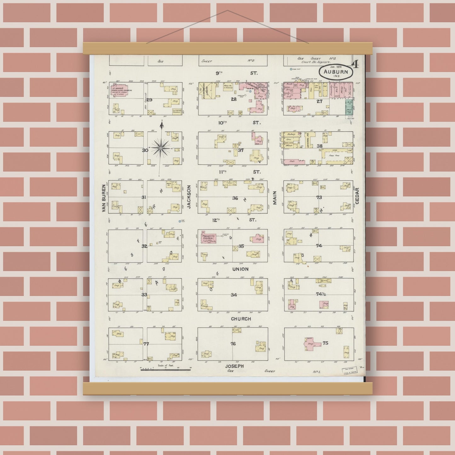 Old map wall art mockup — magnetic wood frame on brick wall — Sanborn Fire Insurance Map from Auburn, De Kalb County, Indiana (1891), Sheet #0004