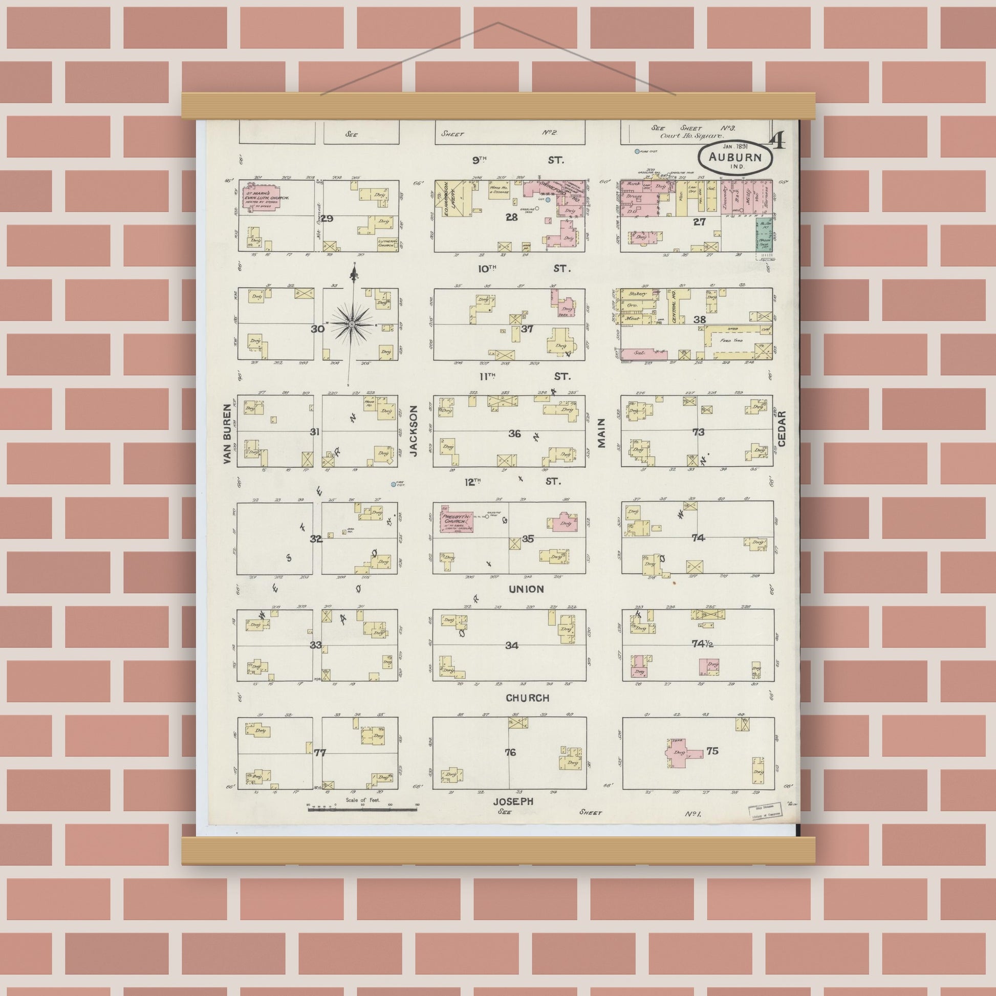 Old map wall art mockup — magnetic wood frame on brick wall — Sanborn Fire Insurance Map from Auburn, De Kalb County, Indiana (1891), Sheet #0004