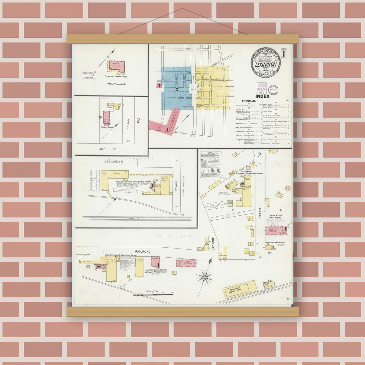 Old map wall art mockup — magnetic wood frame on brick wall — Sanborn Fire Insurance Map from Lexington, Davidson County, North Carolina (1902) - Complete Map Set