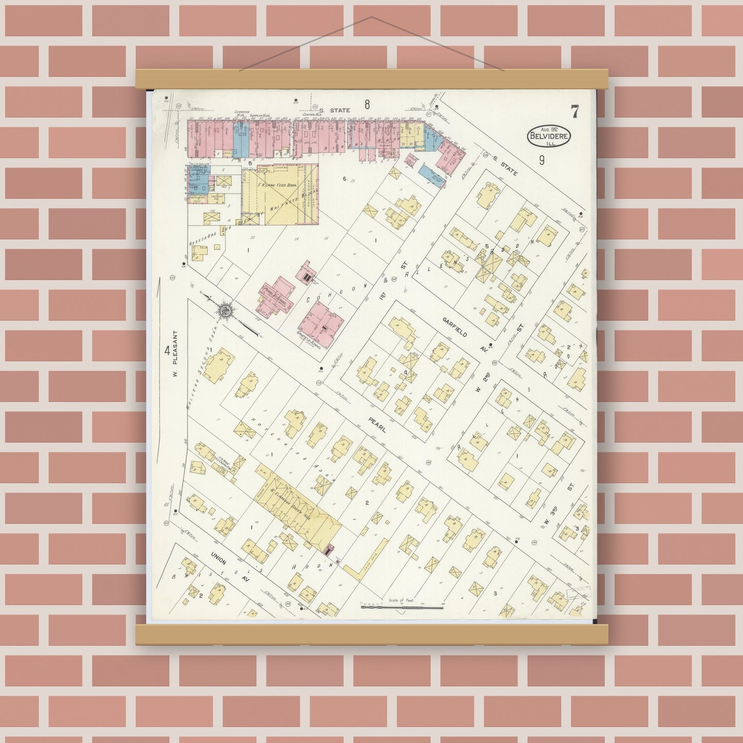 Old map wall art mockup — magnetic wood frame on brick wall — Sanborn Fire Insurance Map from Belvidere, Boone County, Illinois (1912), Sheet #0007