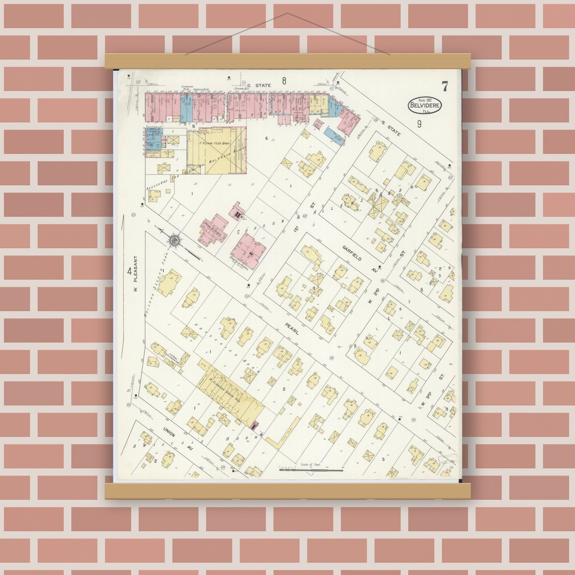 Old map wall art mockup — magnetic wood frame on brick wall — Sanborn Fire Insurance Map from Belvidere, Boone County, Illinois (1912), Sheet #0007