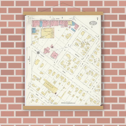 Old map wall art mockup — magnetic wood frame on brick wall — Sanborn Fire Insurance Map from Belvidere, Boone County, Illinois (1912), Sheet #0007
