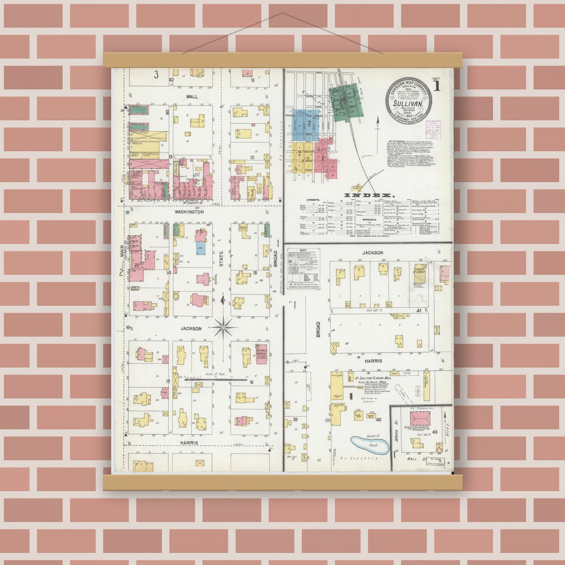 Old map wall art mockup — magnetic wood frame on brick wall — Sanborn Fire Insurance Map from Sullivan, Sullivan County, Indiana (1902) - Complete Map Set
