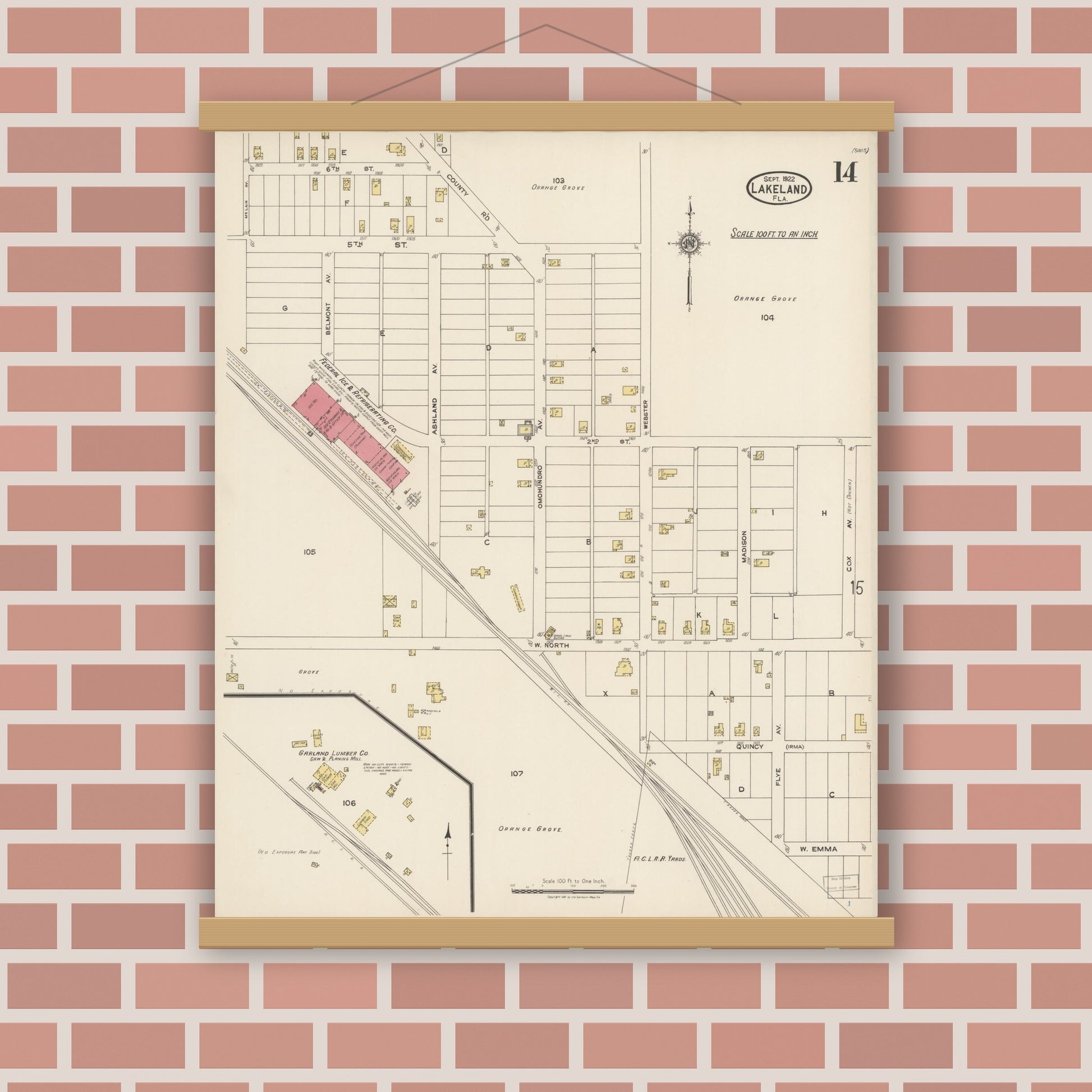 Old map wall art mockup — magnetic wood frame on brick wall — Sanborn Fire Insurance Map from Lakeland, Polk County, Florida (1922), Sheet #0014