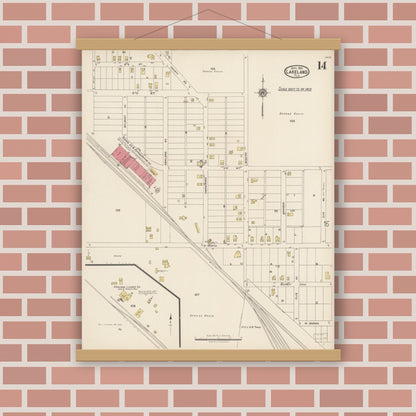 Old map wall art mockup — magnetic wood frame on brick wall — Sanborn Fire Insurance Map from Lakeland, Polk County, Florida (1922), Sheet #0014