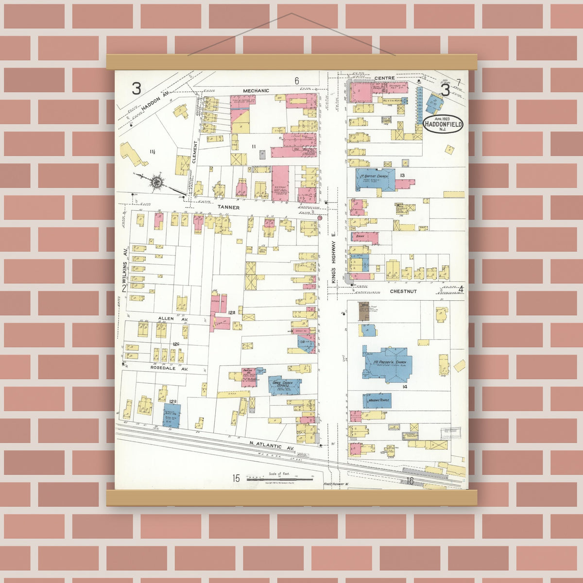 Old map wall art mockup — magnetic wood frame on brick wall — Sanborn Fire Insurance Map from Haddonfield, Camden County, New Jersey (1923), Sheet #0003
