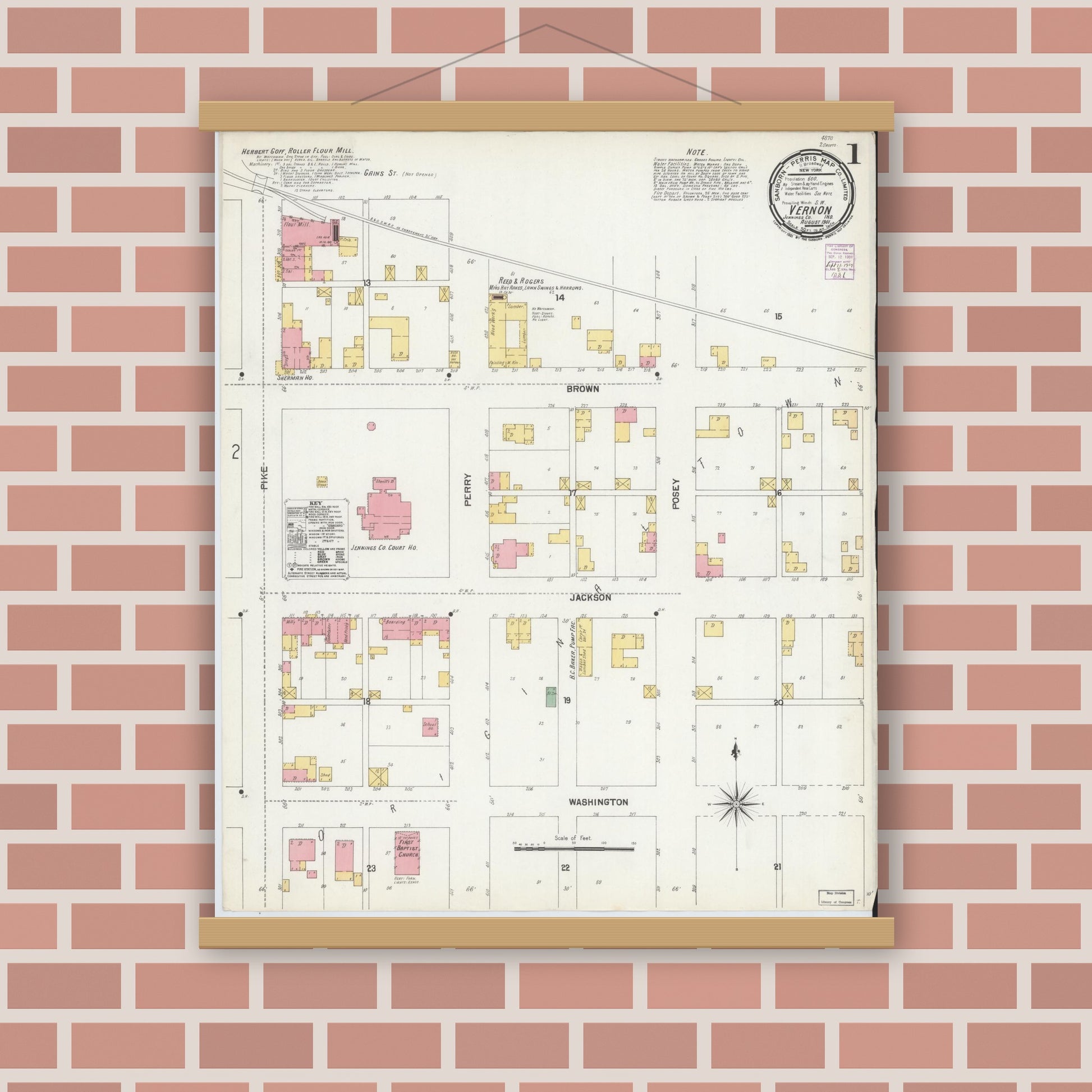 Old map wall art mockup — magnetic wood frame on brick wall — Sanborn Fire Insurance Map from Vernon, Jennings County, Indiana (1901) - Complete Map Set
