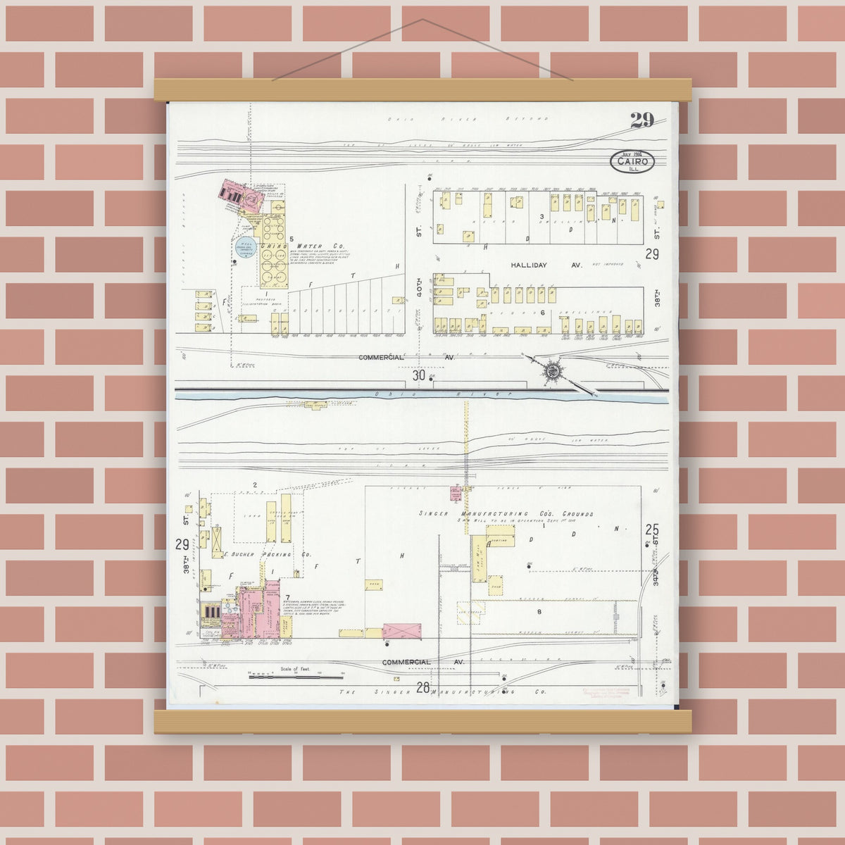 Old map wall art mockup — magnetic wood frame on brick wall — Sanborn Fire Insurance Map from Cairo, Alexander County, Illinois (1914), Sheet #0029