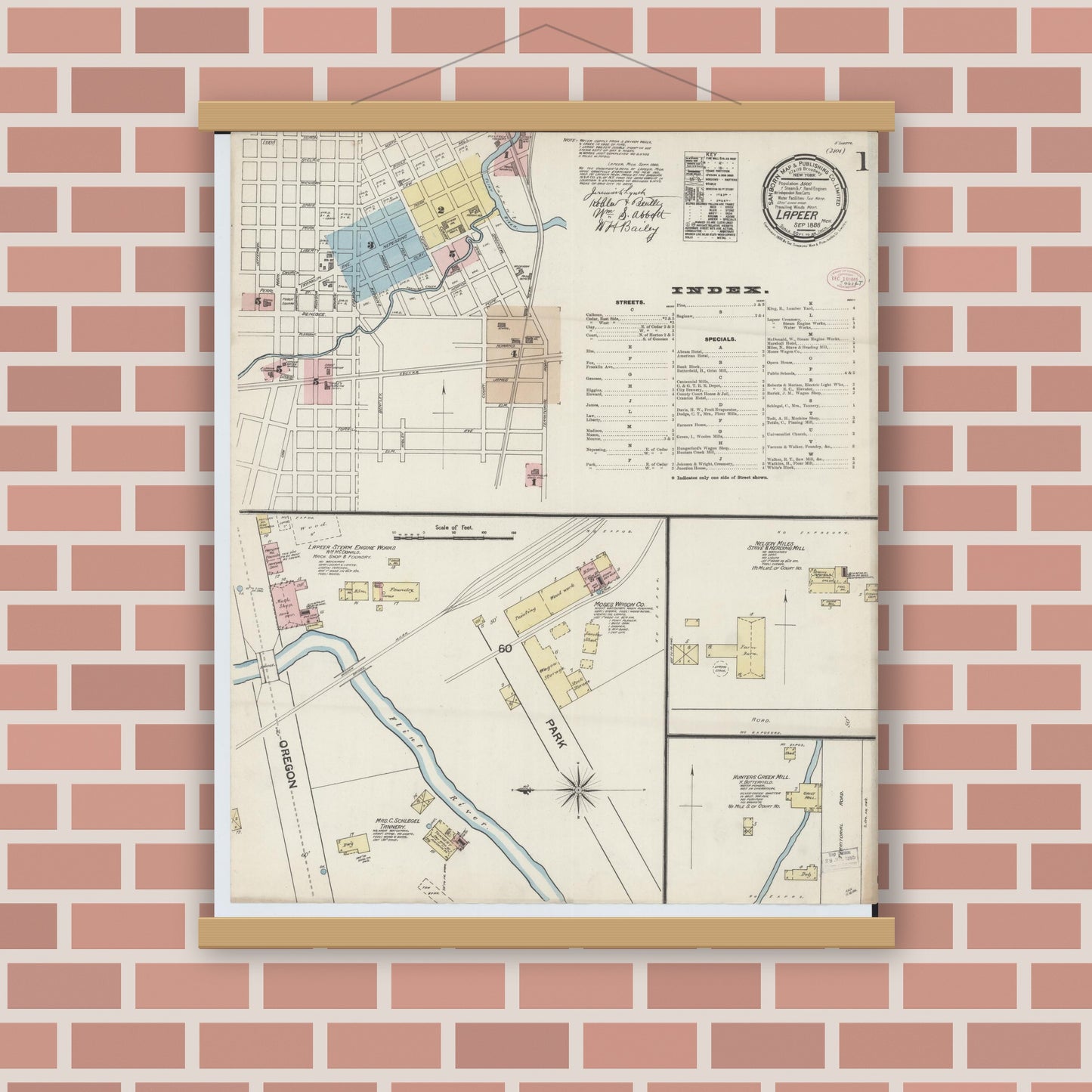Old map wall art mockup — magnetic wood frame on brick wall — Sanborn Fire Insurance Map from Lapeer, Lapeer County, Michigan (1888) - Complete Map Set