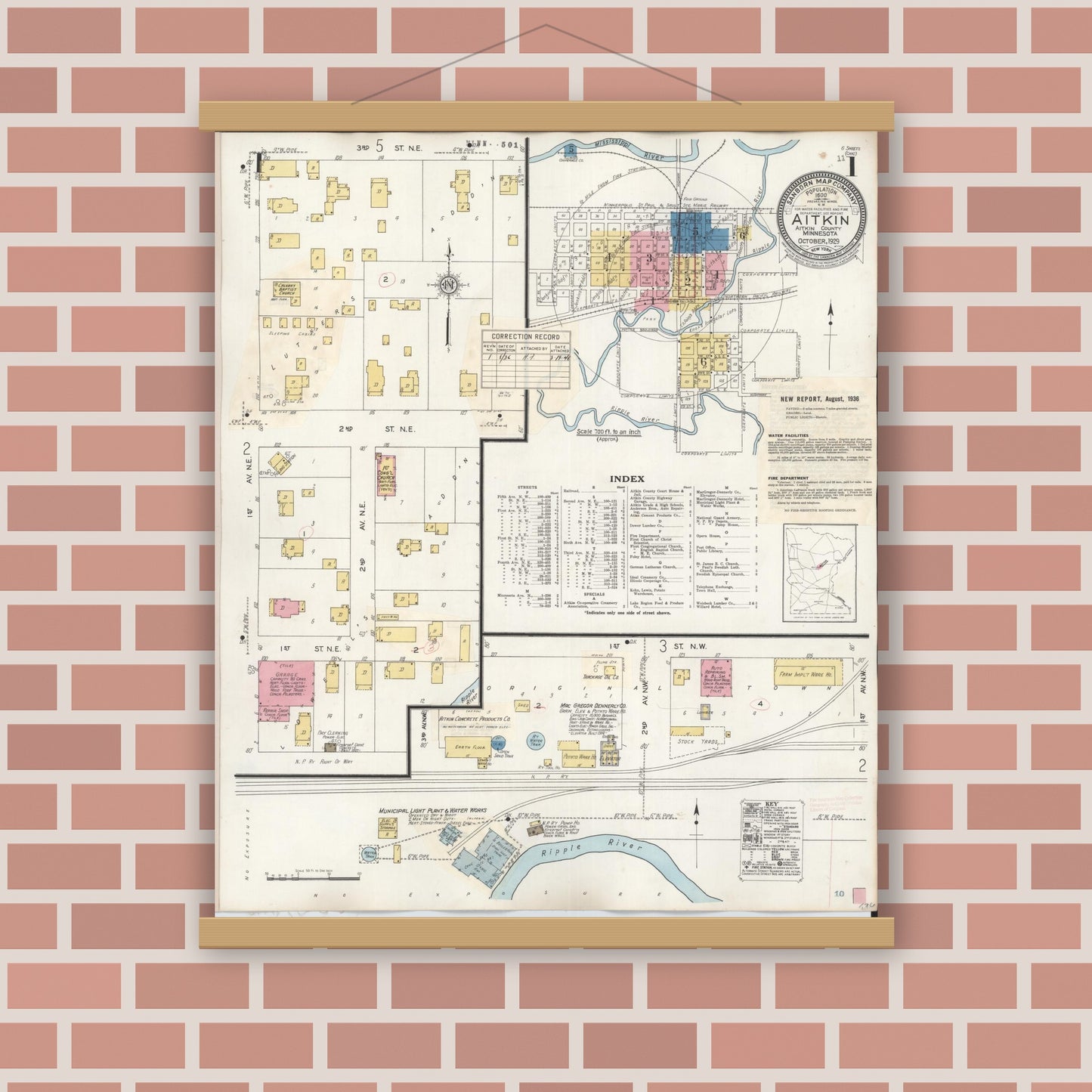 Old map wall art mockup — magnetic wood frame on brick wall — Sanborn Fire Insurance Map from Aitkin, Aitkin County, Minnesota (1936), Sheet #0001